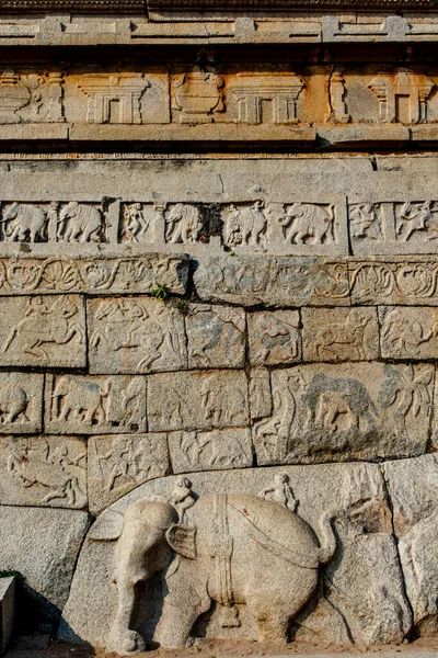 Riche Mur Décoré Avec Des Sculptures Éléphants Mahanavani Dibba Hampi — Photo