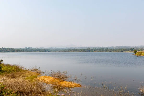 カルナータカ インド アジアのヤシの木に囲まれた湖 — ストック写真