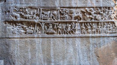 Kailasa tapınağı, Ellora mağaraları, Maharashtra, Hindistan, Asya 'daki Mahabharata paneli.