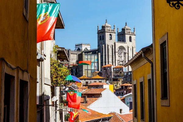 View Cathedral Porto Street Portuguese Flags Portual Europe — Stock Photo, Image