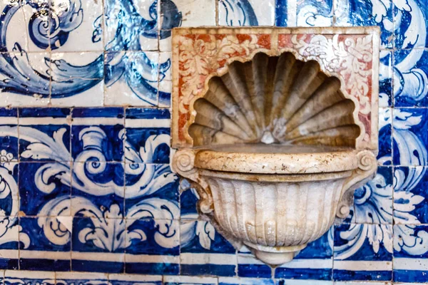 Holy Water Basin Azulejos Teh Santa Maria Church Obidos Portugal — Stock Photo, Image