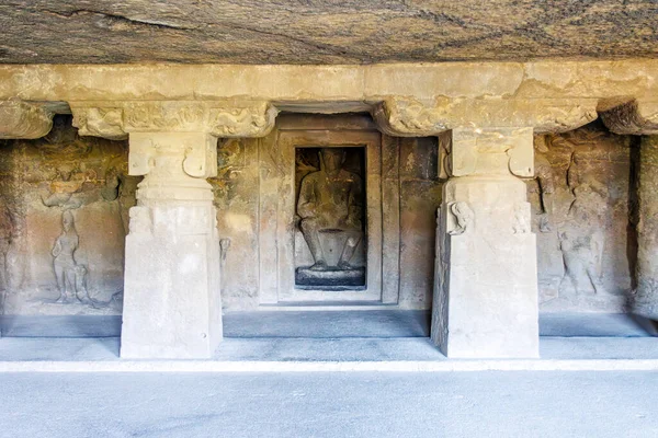Reich Verzierter Innenraum Der Höhle Mit Buddha Statue Ellora Höhlen — Stockfoto