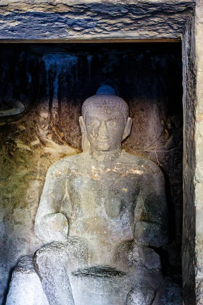 stock image Rich decorated interior of cave 3 with Buddha statue, Ellora caves, Maharashtra, India, Asia