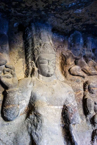 Rico Interior Decorado Cueva Con Estatuas Bodhisattva Cuevas Ellora Maharashtra — Foto de Stock