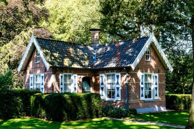 Ormanda kepenkleri olan eski Hollanda evi, Overijssel, Hollanda, Avrupa