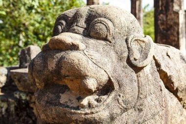 Seyirci salonunun önünde aslan heykelleri, Polonnaruwa kalıntıları, Sri Lanka, Asya