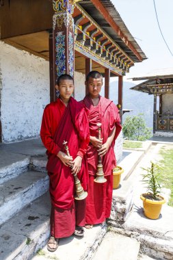 Tibet boynuzlu keşişler veya Dungchen, Mongar, Butan, Asya - Nisan 2012