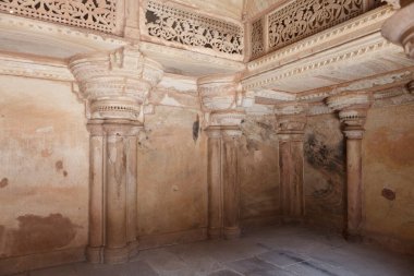 Man Singh ya da Man Mandir Sarayı 'nın Süslü İç mimarisi, Gwalior Kalesi, Madhya Pradesh, Hindistan, Asya