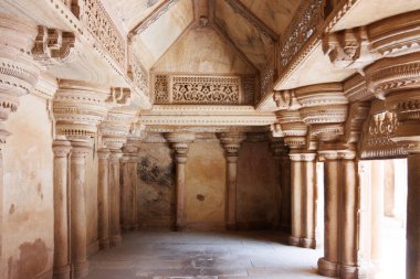 Man Singh ya da Man Mandir Sarayı 'nın Süslü İç mimarisi, Gwalior Kalesi, Madhya Pradesh, Hindistan, Asya