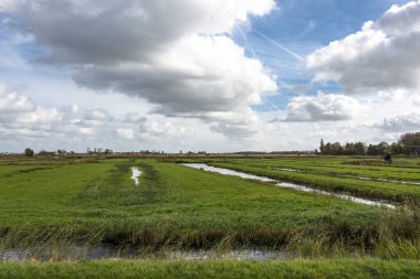 Noord-Hollanda, Hollanda, Avrupa 'da çimen arazisi ve kanalları olan Hollanda manzarası