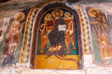 Büyük Meteoron, Meteora, Kalambaka, Yunanistan, Avrupa Manastırı 'nın girişindeki ortaçağ freskleri
