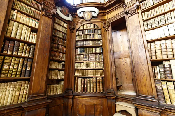 Barok İlahiyat Kütüphanesi 'nin zengin donanımlı iç mimarisi Ljubljana, Slovenya, Avrupa