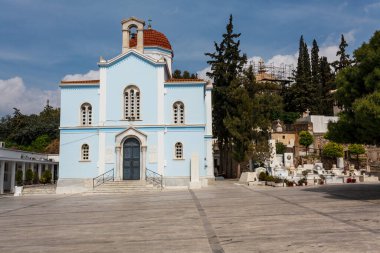 Atina, Yunanistan ve Avrupa Birinci Mezarlığındaki Açık Mavi Rum Ortodoks Kilisesi