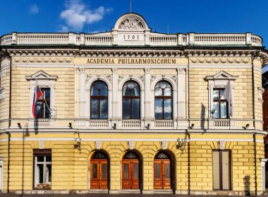 Ljubljana, Slovenya, Avrupa 'daki Academia Philharmnonicum, müzik tiyatrosu ve konser binasının dışı