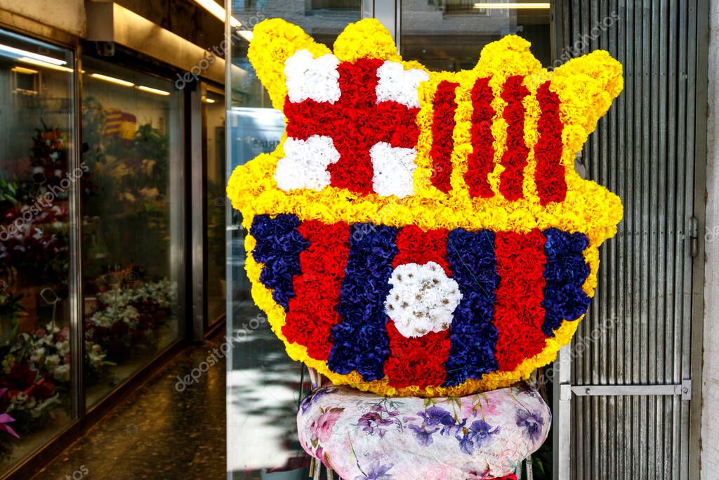Emblem of FC Barcelona football club made of flowers in Barcelona, Catalonia, Spain, Europe