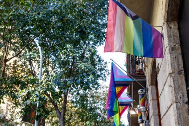 Eşcinsel ve LGBTQ bayrakları Eixample, Barcelona, İspanya, Avrupa 'daki bir evin cephesinde asılı
