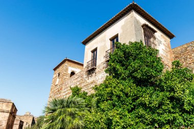 Malaga, Endülüs, İspanya, Avrupa 'daki Malaga Alcazaba' nın bahçeleri ve duvarı
