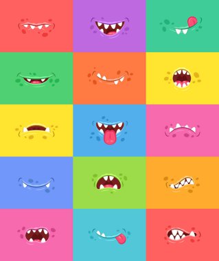 15 tane komik canavar ağzı. Çılgın çizgi film simgeleri. Vektör illüstrasyonu.