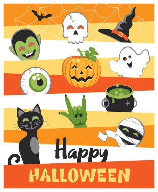 Mutlu Cadılar Bayramı. Sevimli çizgi film karakterlerinin olduğu renkli tebrik kartı. Düz dizayn. Vektör illüstrasyonu.