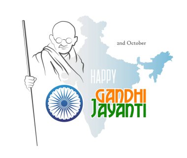 2 Ekim. Mutlu Gandhi Jayanti. Hindistan Haritası silüeti üzerinde soyut kroki Mahatma Gandhi'nin Ashoka çakra ile. Vektör çizim.