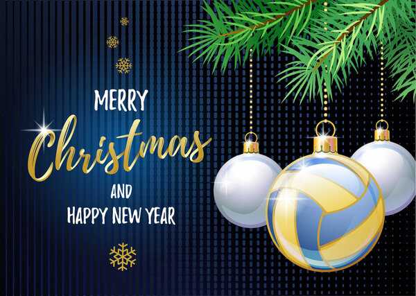 Merry Christmas and Happy New Year. Sports greeting card. Beach Volleyball ball as a Christmas ball. Vector illustration.