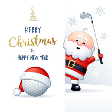 Mutlu Noeller ve mutlu yeni yıl. Spor tebrik kartı. Golf topu ve Golf demir ile sevimli Noel Baba. Vektör çizim.