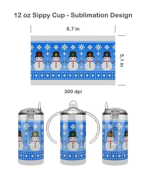 stock image Funny Knitted Christmas Snowman pattern. Seamless sublimation template for 12 oz Kids Sippy Cup. Seamless from edge to edge. Full cup wrap.