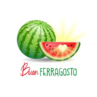 Buon Ferragosto. İtalyanca mutlu yaz tatilleri. Beyaz arka plan üzerinde güneş ve karpuz ile İtalyan yaz tatili kavramı. Vektör çizimi.