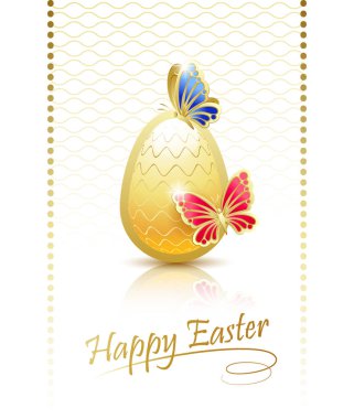 Mutlu Paskalyalar. Altın Kelebek ve sarı Paskalya yortusu yumurta ile zarif tebrik kartı. Vektör çizim.