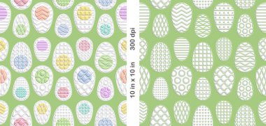 Renkli Paskalya yumurtalarıyla iki tane kusursuz Paskalya şablonu. Minimum şişirilmiş tasarım. Duvar kağıdı, yapıştırma kitabı, paketleme, ambalaj kağıdı vs. için pürüzsüz kiremitsiz desenler.