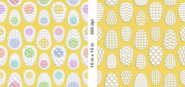 Renkli Paskalya yumurtalarıyla iki tane kusursuz Paskalya şablonu. Minimum şişirilmiş tasarım. Duvar kağıdı, yapıştırma kitabı, paketleme, ambalaj kağıdı vs. için pürüzsüz kiremitsiz desenler.