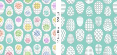 Renkli Paskalya yumurtalarıyla iki tane kusursuz Paskalya şablonu. Minimum şişirilmiş tasarım. Duvar kağıdı, yapıştırma kitabı, paketleme, ambalaj kağıdı vs. için pürüzsüz kiremitsiz desenler.