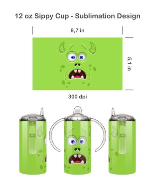 Komik Yeşil Canavar Surat. 12 ons Çocuklar için kusursuz süblimleşme şablonu. Bir uçtan bir uca kusursuz. Dolu bardak paketi.