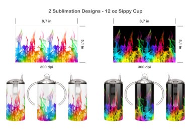 Set of 2 fire patterns on white and black background. Sublimation templates for 12 oz Kids Sippy Cup. Seamless from edge to edge. Full cup wrap. clipart