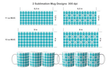 2 adet şişmiş bufalo desenli ekose. 11 ons ve 15 ons kahve kupası için süblimleşme şablonu.