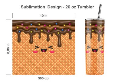 Komik Puffy Kawaii çikolatalı dondurma. 20 ons Sıska Tumbler için kusursuz süblimleşme şablonu. Bir uçtan bir uca kusursuz. Tam taklacı paketi.