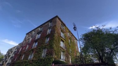 Paris 'in ya da Fransa' nın eski bölgelerinde Avrupa mimarisinin pitoresk antik binaları olan güzel dar bir cadde. Sarmaşıkla kaplı ortaçağ binaları. Mavi gökyüzünün pencerelerinde yansıma.