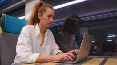 Hidrojen kullanımı için teknolojilerin geliştirilmesi. Trende dizüstü bilgisayarda çalışan kadın proje yöneticisi endüstriyel mühendis. Yüksek kalite 4k görüntü