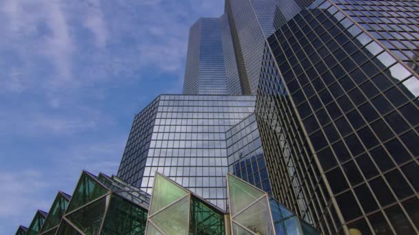 曼哈顿金融区办公大楼的窗口摩天大楼与许多成功公司的公司办公室 供出租和商业使用的房地产 时滞金融区 — 图库视频影像