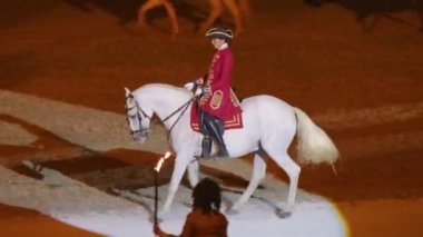 Beyaz atlı bir ortaçağ şövalyesi. Sırtında binicisi olan beyaz bir atın dansı, gösteri performansı. Fransa 'daki tarihi olayların yeniden inşası.