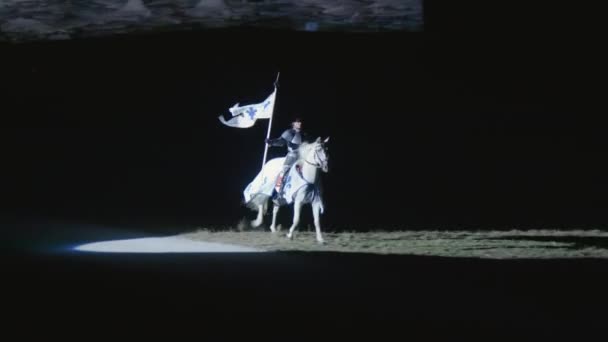 Mittelalterlicher Ritter Auf Einem Pferd Mit Einer Fahne Der Hand — Stockvideo