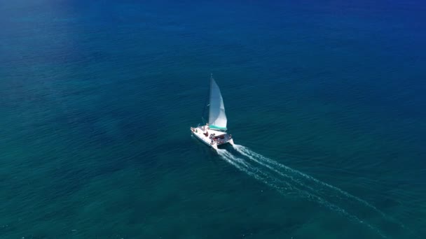 ハワイ諸島の近くの青いインド洋の大きなカタマランを旅してください 豪華なヨットは青い要素の広がりを発揮します 青い海の白いカタマランのドローンビュー — ストック動画