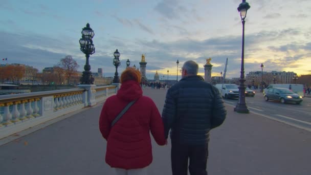 Yaşlı Bir Çift Ünlü Köprü Boyunca Paris Sokaklarında Yürür Yaşlıların — Stok video
