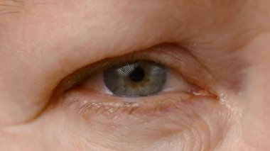 Yaşlı kadın gözleri, buruşuk surat. Yaşlı Avrupalı büyükannenin portresi. Kırışıklıkları olan eski bir cilt. Kafkasyalı bir kadının buruşuk yüzünü kapatın. Makro. Yüksek kalite 4k görüntü