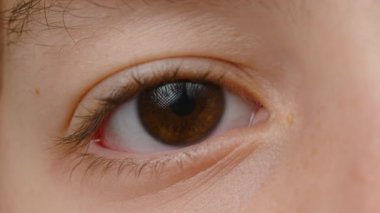 Yakından genç bir adamın gözü. Bir çocuğun insan gözü kameraya bakar. Yüksek kalite 4k görüntü