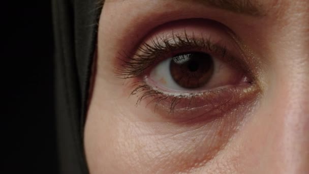 Close Half Portrait Young Muslim Woman Hijab Fashionable Make Watching — Stockvideo