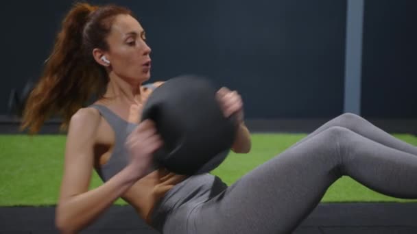 Shot Fit Young Woman Exercising Pilates Black Ball Gym Female — Stockvideo