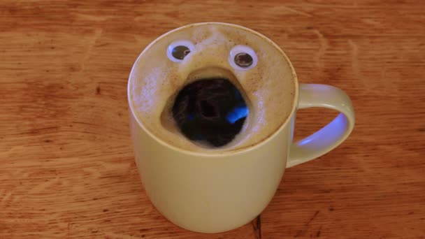 Smiling Coffee Man Cup Fragrant Lively Coffee Eyes Mouth Human — Αρχείο Βίντεο