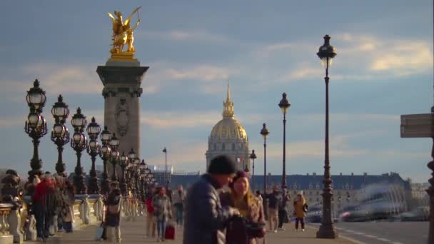 Piękny Paryski Most Nad Sekwaną Złotymi Rzeźbami Lampami Ulicznymi Most — Wideo stockowe