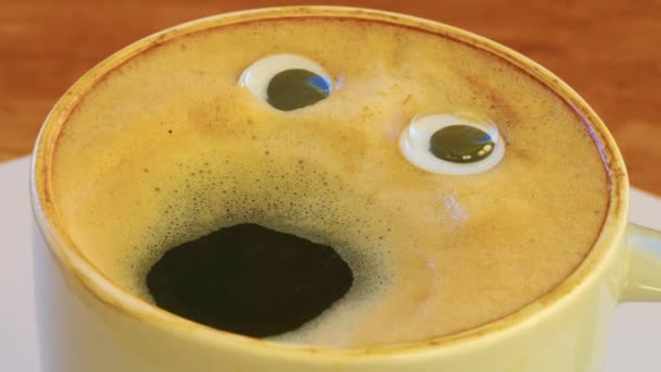 Close Coffee Cup Eyes Mouth Screaming Very Loudly Emoji Coffee — Stockvideo